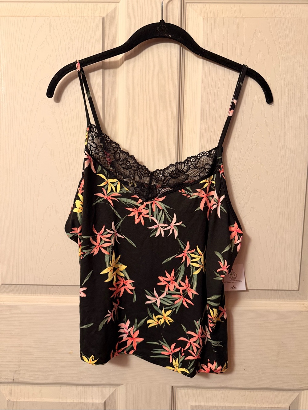 Floral Lace-Trim Cami Tank Top - Black/Pink/Yellow